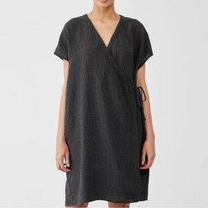 NWT Eileen fisher gray/black check print wrap dress 100% organic linen medium